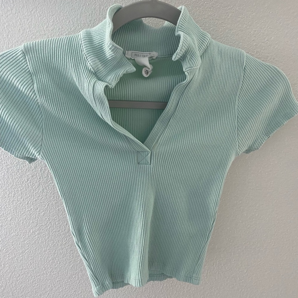 Full Tilt Mint Green Collared Crop T Shirt Size S